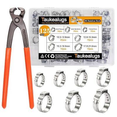 125PCS 7-21mm Single Ear Hose Clamps 304 Stainless Steel Wire Tube Pipe Fuel Line Clip Assortment kit with Ear Clamp Pincer