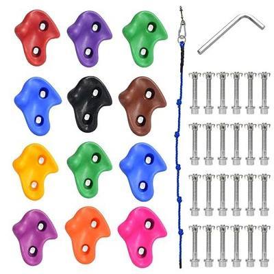 12 PCS Climbing Holds Set Multi-Colored Craft DIY Rock Climbing Wall with 8ft Knotted Climbing Rope,Mounting Screws and Hardware