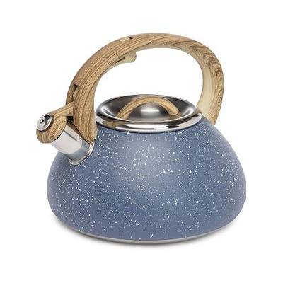 Goodful Stainless Steel Whistling Tea Kettle for Stovetop, Trigger Spout, Wood-Look Handle, 2.5 Quarts, Blue Speckle