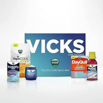 Vicks Care Package, Maximum Strength Dayquil SEVERE LiquiCaps and Nyquil SEVERE Liquid Berry, Soothing Cough Relief Vaporub, Honey Lemon VapoCOOL Sore Throat Drops, Vicks Immunity ZZZs Zinc and Elderberry