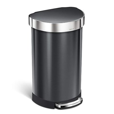 simplehuman Semi-Round Kitchen Step Trash Can with Liner Rim, 45 Liter, Black