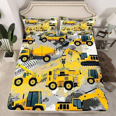 Feelyou Kids Cartoon Car Bed Sheet Set Boys Construction Vehicles Bedding Set for Teens Children Cartoon Machinery Truck Fitted Sheet Construction Site Cars Bed Cover 2Pcs Twin Size