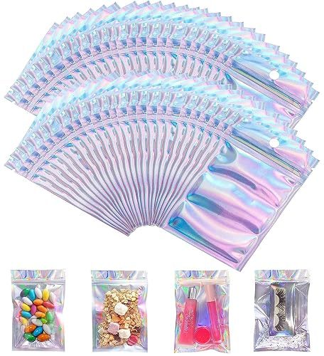 100 Pieces Resealable Smell Proof Bags Foil Pouch Bag Flat Ziplock Bag for Party Favor Food Storage (Holographic Color, 2.95 x4.72 inch)