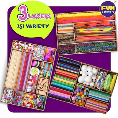 3 Layers Jumbo Arts and Crafts Supplies Warehouse, Biggest Chest Box 17.91Wx12.4L Includes 1600+ Giant Craft Materials Kit for Kids 6-12 Creative Toys Birthday Gift for Preschool Girls and Boys