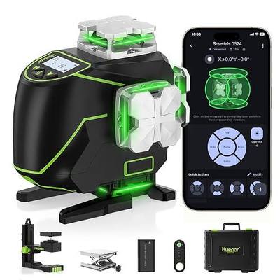 Huepar Laser Level 360 Self Leveling, S04CG 4x360° Green 4D Cross Line Laser with LCD Screen, Bluetooth Outdoor Pulse Mode, Remote Control, Rechargeable 16 Lines Laser Tool for Construction/Tile/Floor