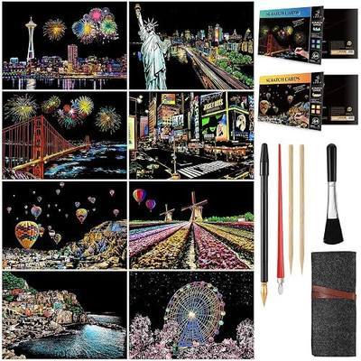 Scratch Painting Kits for Adults & Teens, Rainbow Painting Night View Scratchboard(A4), Crafts Set: 8 Sheets Scratch Cards with 5 tools in Bag - New York, Statue of Liberty, Seattle(America / Europe)