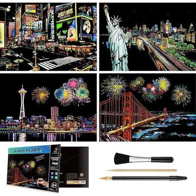 MIASTAR Scratch & Sketch Art for Teens & Adults, Rainbow Painting Night View Scratchboard(A4), Art & Craft, 4 Sheets Scratch Cards & Drawing Pen, Clean Brush (USA)