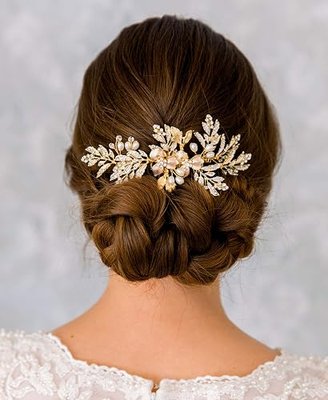SWEETV Handmade Wedding Hair Comb Clip Rhinestone Bridal Hair Comb Piece, Gold Hair Accessories for Brides Wedding