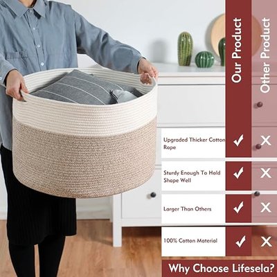 XXXLarge Cotton Rope Basket, 22" x 22"x 14" Woven Storage Basket, Baby Laundry Basket with Handles, Foldable Blanket Basket Laundry Hamper for Storing Toys, Towels, Diaper and Clothing