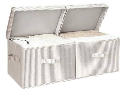 StorageWorks Fabric Storage Bins with Lid, Decorative Storage Boxes for Shelves, Stackable Closet Organizer Basket with Handles, Large, Khaki and Beige Stripes, 2-Pack