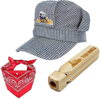 CINKCO Train Conductor Engineer Costume Role Play Set for Kids Red | Classic Blue White Striped Train Conductor Cap,Wooden Train Whistle,Red Paisley Bandana (3 IN 1)Dress Up Toys for Boys Girls