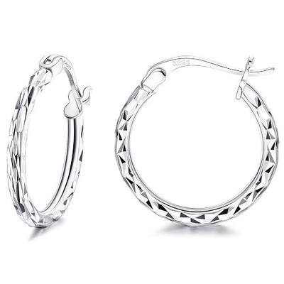 Milacolato 925 Sterling Silver Hoop Earrings 18K White Gold Plated 2mm Thickness Diamond Cut High Polished Small/Medium/Large Click-Top Hoop Earrings for Women with Gift Box, 15mm