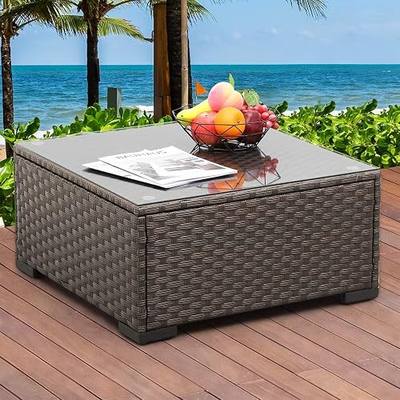 Rattaner Patio Furniture Wicker Coffee Table Outdoor Garden Square Side Table with Tempered Glass Top Brown