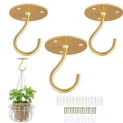 Ceiling Hooks for Hanging Plants-Metal Heavy Duty Wall Mounted Hangers for Hanging Bird Feeders, Planters, Wind Chimes, Include Professional Drywall Anchors (3-Pack) (Gold)