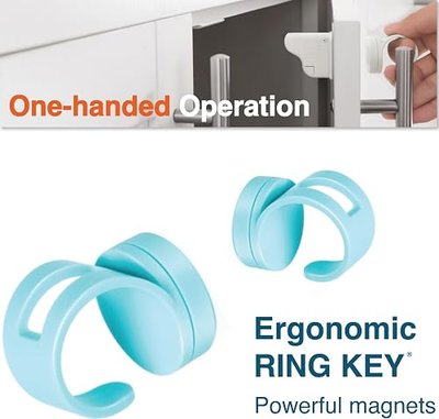 RovingCove Ergonomic Magnetic Cabinet Baby Locks 12-pk, Child Proof Drawer Cupboard Latches, 3M Adhesive, Easy Install with Starter Tape System, 12 Locks 2 Ring Keys