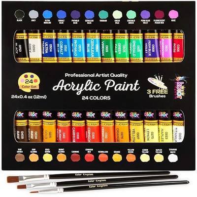 Acrylic Paint Set Canvas Art Paints 24 Colors Perfect Paint Finish (0.41oz,12 ml) With 3 Brushes - Painting Canvas, Paper, Wood, Rock, MDF, Ceramic & Fabric