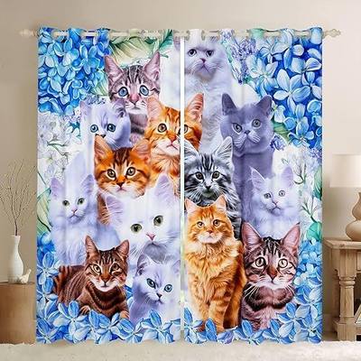 Kids Cute Cat Window Drapes Cartoon Pet Cats Window Curtains for Bedroom Living Room for Children Girls Cute Kitten Curtains Cat Lover'S Animal Themed Design Window Treatments?42 X 84 Inch?2 Panels