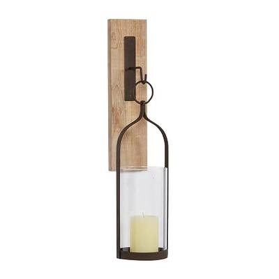 Deco 79 Wood Wall Sconce with Suspended Black Metal and Glass Holder, 6" x 6" x 23", Brown