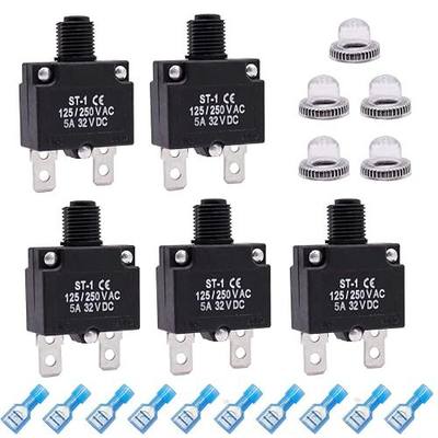 mxuteuk 5Pcs 5Amp Circuit Breakers Push Button Manual Reset 125/250V AC 32V DC,Overload Protector Switch Thermal Circuit Breakers with Quick Connect Terminals and Waterproof Button Caps ST1-5-5A
