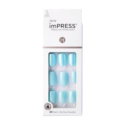 Kiss Impress No Glue Mani Press On Nails, Design, 'Rain Check', Blue, Short Size, Squoval Shape, Includes 30 Nails, Prep Pad, Instructions Sheet, 1 Manicure Stick, 1 Mini File
