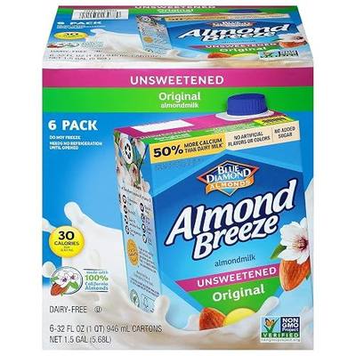 Almond Breeze Dairy Free Almondmilk Unsweetened Original 32 Oz Boxes, 6 Count | Dairy-free, Shelf-stable Carton, Gluten-free, Vegan, non-GMO, Plant-based Milk | Great in coffee, cereal, smoothies & baking
