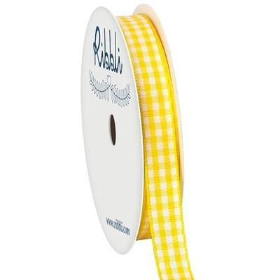 Ribbli Yellow and White Gingham Ribbon,100% Polyester Woven Edge,3/8 Inch x 10 Yard,Plaid Ribbon Use for Gift Wrapping,Party Decoration
