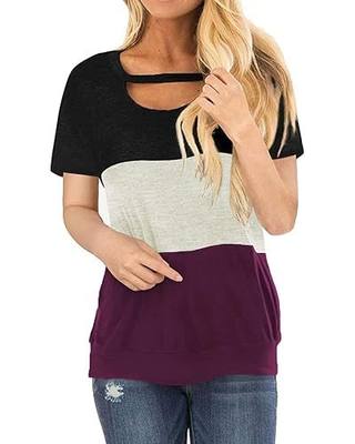 Women's Shirts Color Block Chest Cutout Tunics Short Sleeve Scoop Neck Blouse Casual Loose Fit Sweatshirt Tops