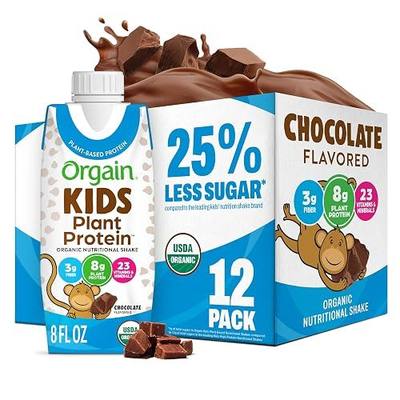 Orgain Organic Kids Nutritional Vegan Protein Shakes, Chocolate - Healthy Kids Snacks, 8g Plant Protein, 23 Vitamins & Minerals, 3g Fiber, No Dairy & Soy, Non-GMO, 8 Fl Oz, 12 Pack, Packaging May Vary