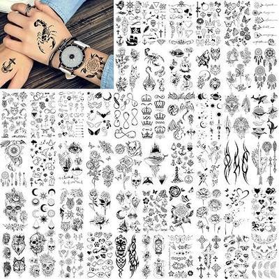 FANRUI 52 Sheets Creative Black Tiny Crown Infinity Triangle Fake Tattoos For Men Women Realistic Stars Letters Tattoos For Kids Temporary Waterproof Arm Hand Face Finger Neck Tatoo Stickers