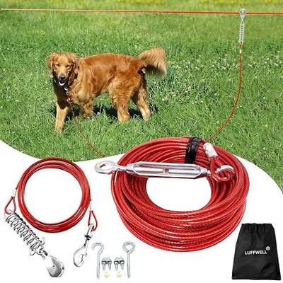 Dog Runner for Yard, Trolley System, 100FT+15FT, Red | Chew-resistant Cable, Shock Spring Softens Pulls, 360° Swivel Reduce Tangles