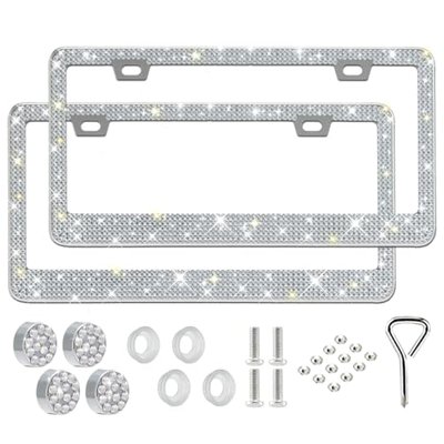 2 Pack Rhinestone License Plate Frame for Women,Premium Stainless Steel Cover 1000+ Finest 14 Facets Luxury Sparkling Crystal Diamond License Plate Frame with Giftbox & Bling Cap Screw Set