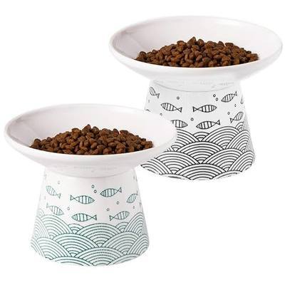 6.25 Inch Extra Wide Ceramic Raised Cat Bowls, 2 Packs | Shallow, Elevated Pet Bowl Dish Set, for Food & Water, Whisker Fatigue, Stress Free, Protect Spine, Black & Green Fish