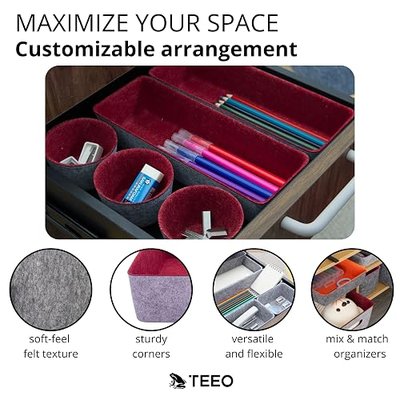 Teeo - Baby Drawer Organizers for Clothing - Shallow Storage Basket - Remote Tray - Drawer Divider for Clothes - Home Office Desk Cosmetic Box Compartment Bedroom Organization - Pack of 6, Burgundy