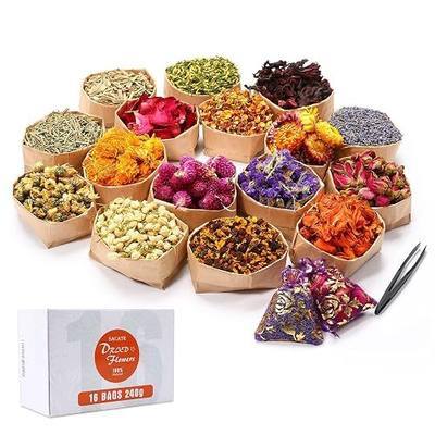15g/Bag Dried Flowers,100% Natural Dried Flowers Herbs Kit for Soap Making, DIY Candle Making,Bath - Include Rose Petals,Lavender,Don't Forget Me,Lilium,Jasmine,Rosebudsand More(16 Bags)