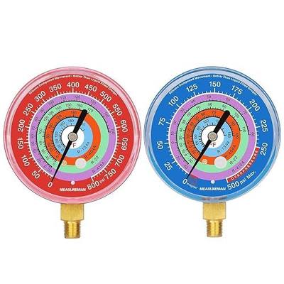 Measureman Refrigeration Pressure Gauge Kit, 3-1/8" Dial, Blue Dial & Red Dial, 1/8" NPT Lower Mount, 30inHg-0-250psi, 250-500psi & 0-800psi