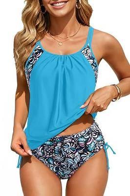 Yonique Tankini Swimsuits for Women Blouson Swim Tops with Bikini Bottoms Athletic Two Piece Bathing Suits Double Up Swimwear