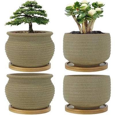 MUZHI Rustic Small Plant Bonsai Pot with Bamboo Tray Set of 4, Unglazed Ceramic Cactus Planter Pot Indoor with Drainage Hole 4Inch 5Inch