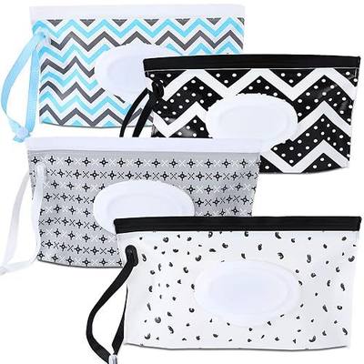 FEBSNOW 4 Pack Baby Wipe Dispenser, Portable Refillable Wet Wipe Holder | Reusable Travel Wet Wipe Pouch, Zip Locking Seal and Secure Snap Close Lid, Easy Refill and Dispensing, With Wrist Loop