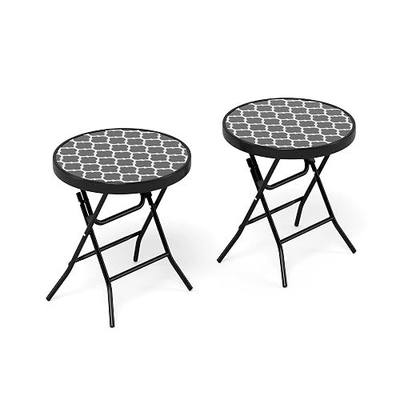 MFSTUDIO Patio Side Table, Folding Portable Round Bistro Coffee Table, Tempered Glass Metal End Table, Plant Stand for Indoor & Outdoor Garden Backyard Lawn Poolside, 18 inch Pattern Black - Set of 2