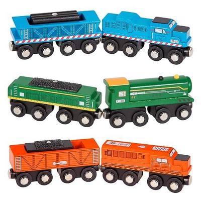 Battat Classic Trains Wooden Train Cars, Magnetic 6-Piece Set, Vehicles | 6-piece wooden train set with 3 locomotives and 3 freight cars that connect by magnet, Red, White, Black, Vehicles, 3+ Years