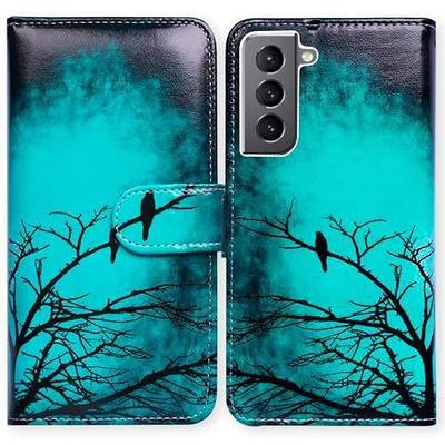 Bcov Case for Galaxy S21 5G, Black Bird Green Leather Flip Phone Case Wallet Cover with Card Slot Holder Kickstand for Samsung Galaxy S21 5G