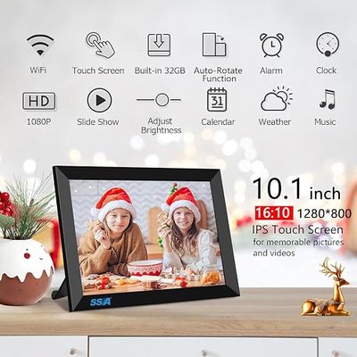 SSAWiFiFrame WiFi Digital Picture Frame,Share Photo via App or Email from Anywhere 10.1‘’ IPS Touchscreen,Auto-Rotate Support Music/Calendar/Weather/Clock, No Limited Cloudly Free App