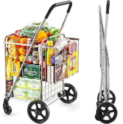 Wellmax Foldable Shopping Cart with Wheels, Folding Metal Grocery Cart with Extra Basket, Swivel Front Wheels, Lightweight & Collapsible Utility Cart for Groceries, Laundry, Seniors, Silver Color