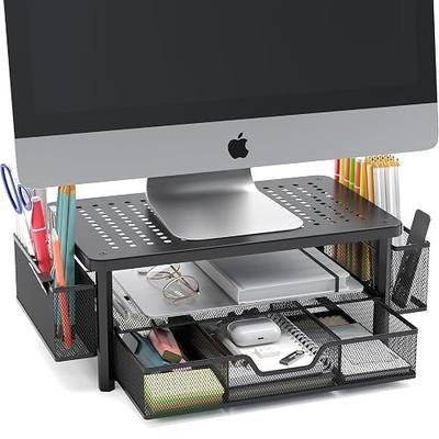 eVoomi FlowMax Ergonomic Desk organizer Computer Monitor Stand -Improved XL Desk Drawer, File Paper Pencil Holders - Pro Posture Eye-Level Tension Relief - Anti-Slip Home Office Supplies Storage Stand for Laptop Monitor or Printer