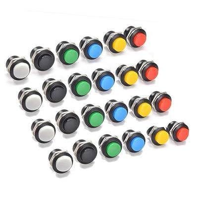 24Pcs 16MM Momentary Push Button on Off Switch Assorted Red Green Yellow Blue White Black,3A 250V AC 2-Pin Self-Resetting Mini Round Switch