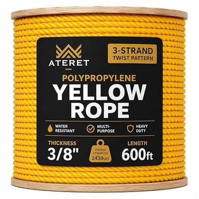 ATERET 3/8 Inch x 600 Feet Twisted 3-Strand Yellow Polypropylene Rope I 2,430 lbs. Tensile Strength I Lightweight & Heavy-Duty Synthetic Cord for DIY Projects, Marine, Commercial Use (3/8" x 600')
