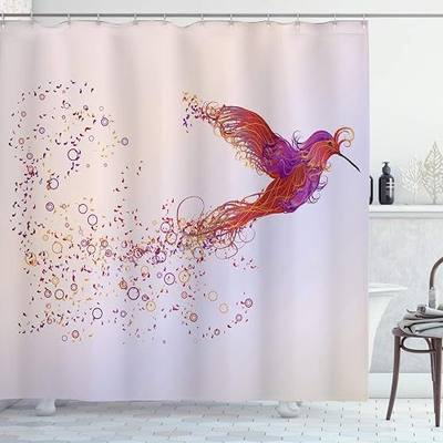 Ambesonne Bird Shower Curtain, Creative Design Image of Flourish Hummingbird Feathers Circles Illustration, Cloth Fabric Bathroom Decor Set with Hooks, 69" W x 70" L, Indigo Ruby Off White