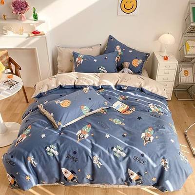 BlueBlue Astronaut Duvet Cover Set Queen 100% Cotton Bedding Space Galaxy Rocket Star Constellation Navy Blue 1 Cartoon Comforter Cover Full Zipper 2 Pillowcases Queen