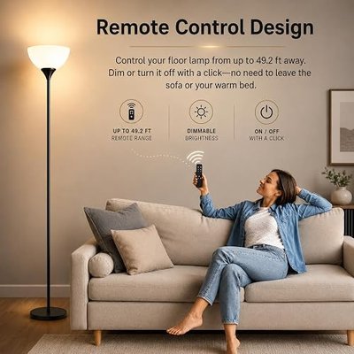 PESRAE Floor Lamp, Remote Control with Stepless Color Temperatures and Brightness, Torchiere lamp for Bedroom, Living Room, Bulb Included (Matte Black)