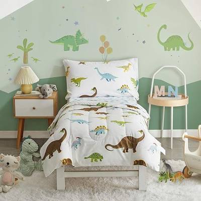 4 Pieces Toddler Bedding Set Dinosaur with Colorful Dinos and Monsters Toddler Comforter Sheet Set for Autumu and Winter Includes Comforter, Flat Sheet, Fitted Sheet and Pillowcase White